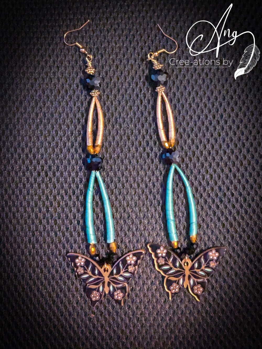 Elegant Indigenous Sage Green And Gold Dentalium Shell Black Butterfly Earrings